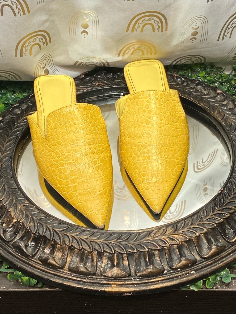 Pointed Yellow Croc-Embossed Slip-On Mules